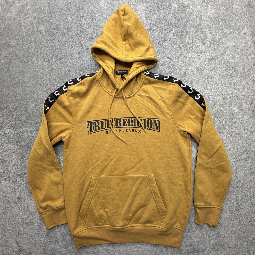 True Religion Hoodie Mens Medium Yellow Fleece Pullover Logo Tape Sleeve Graphic